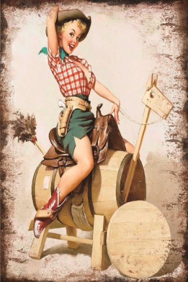 Blechschild Pin up Cowgirl Wooden Horse